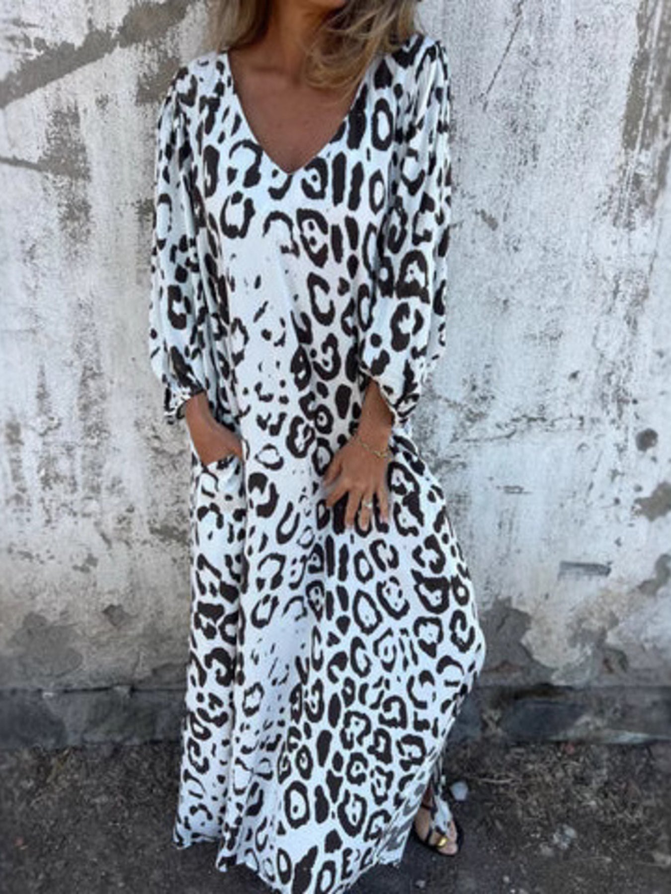 Full Size Leopard Print V-Neck Maxi Dress Plus Size White