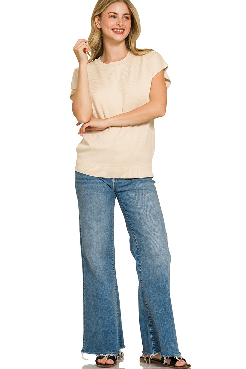 Zenana Viscose Round-neck Short Sleeve Sweater