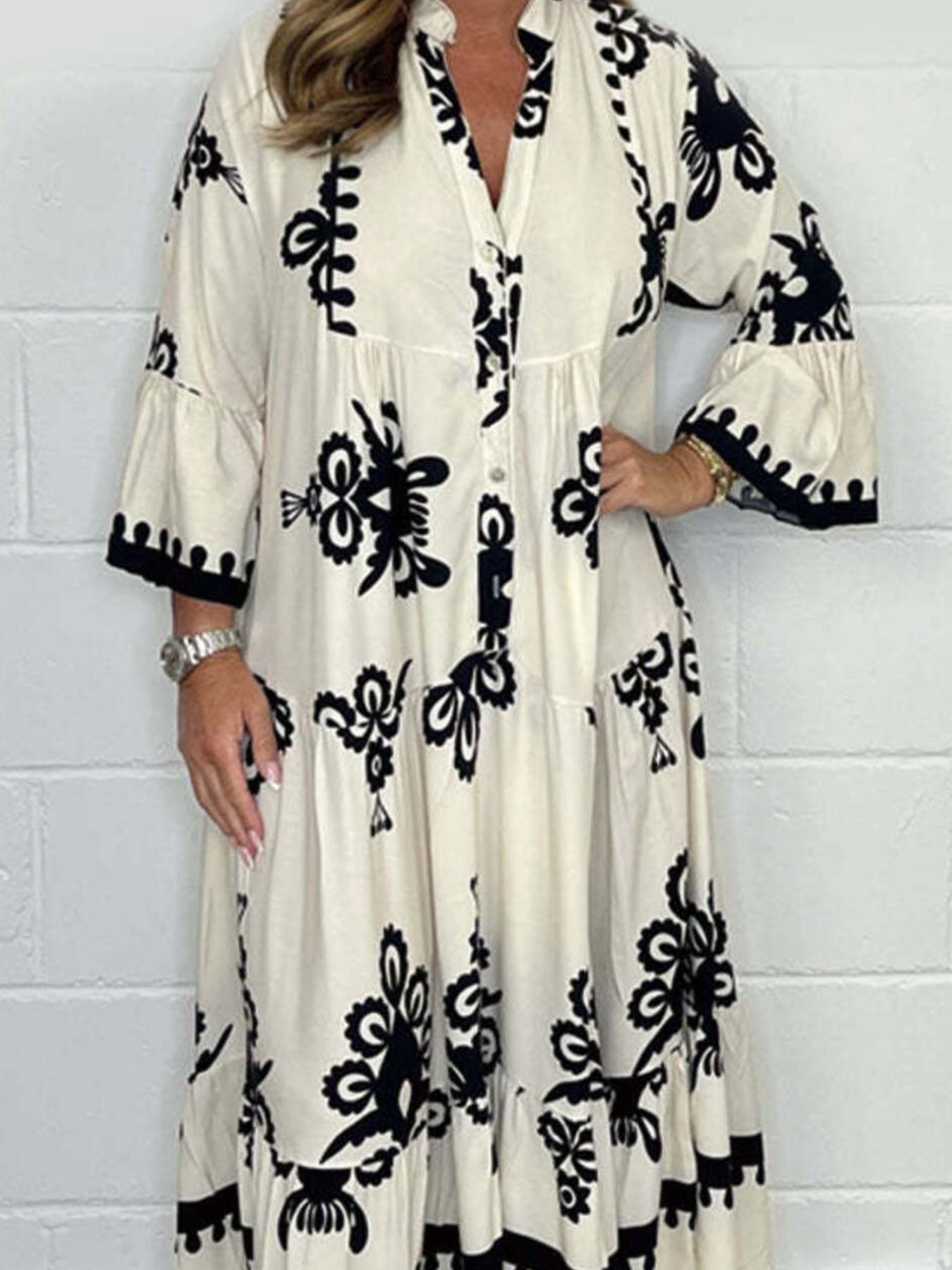 Full Size Printed Notched 3/4 Sleeve Midi Dress Plus Size
