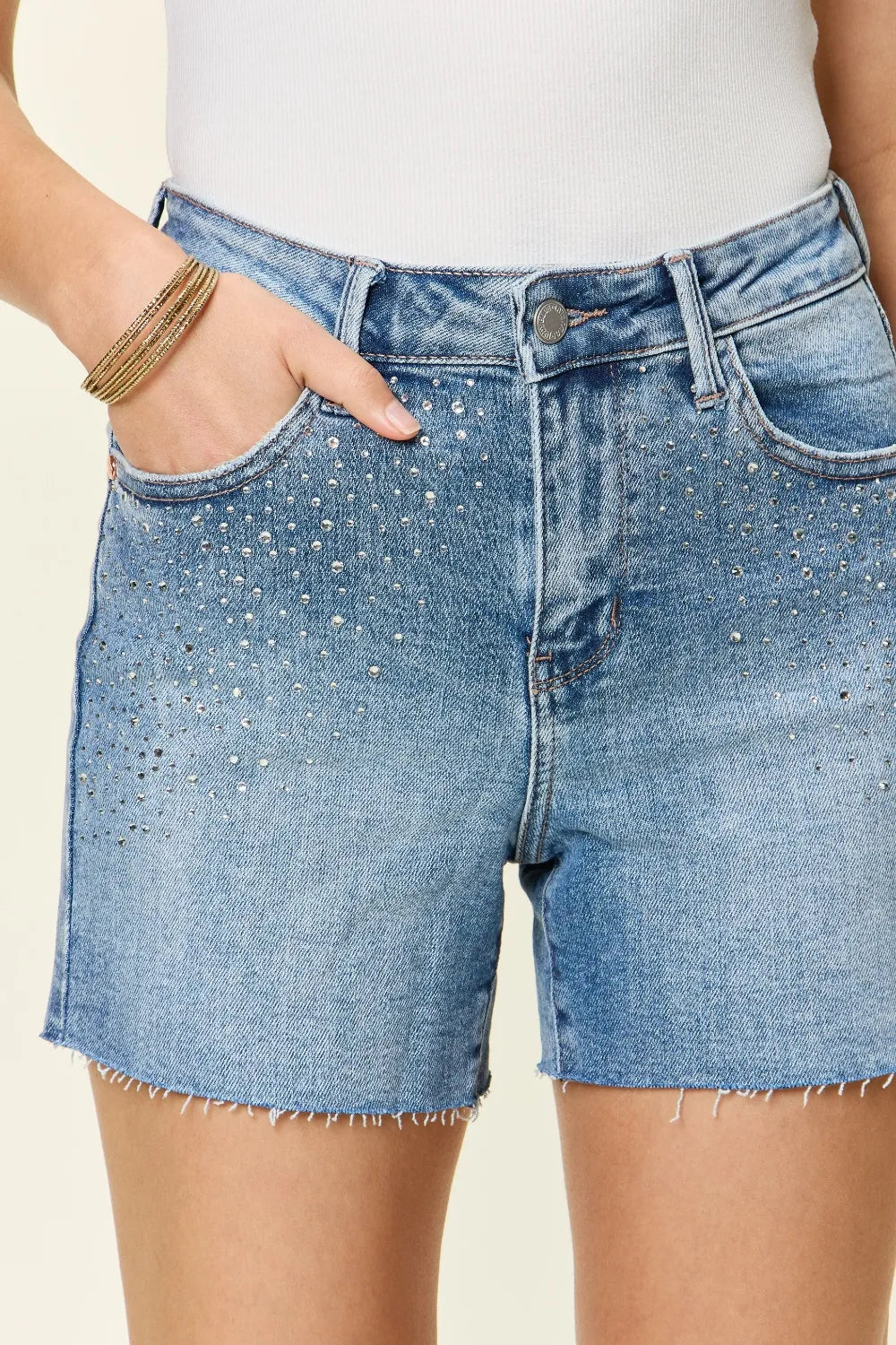 Judy Blue Full Size High Waist Rhinestone Decor Denim Shorts Light