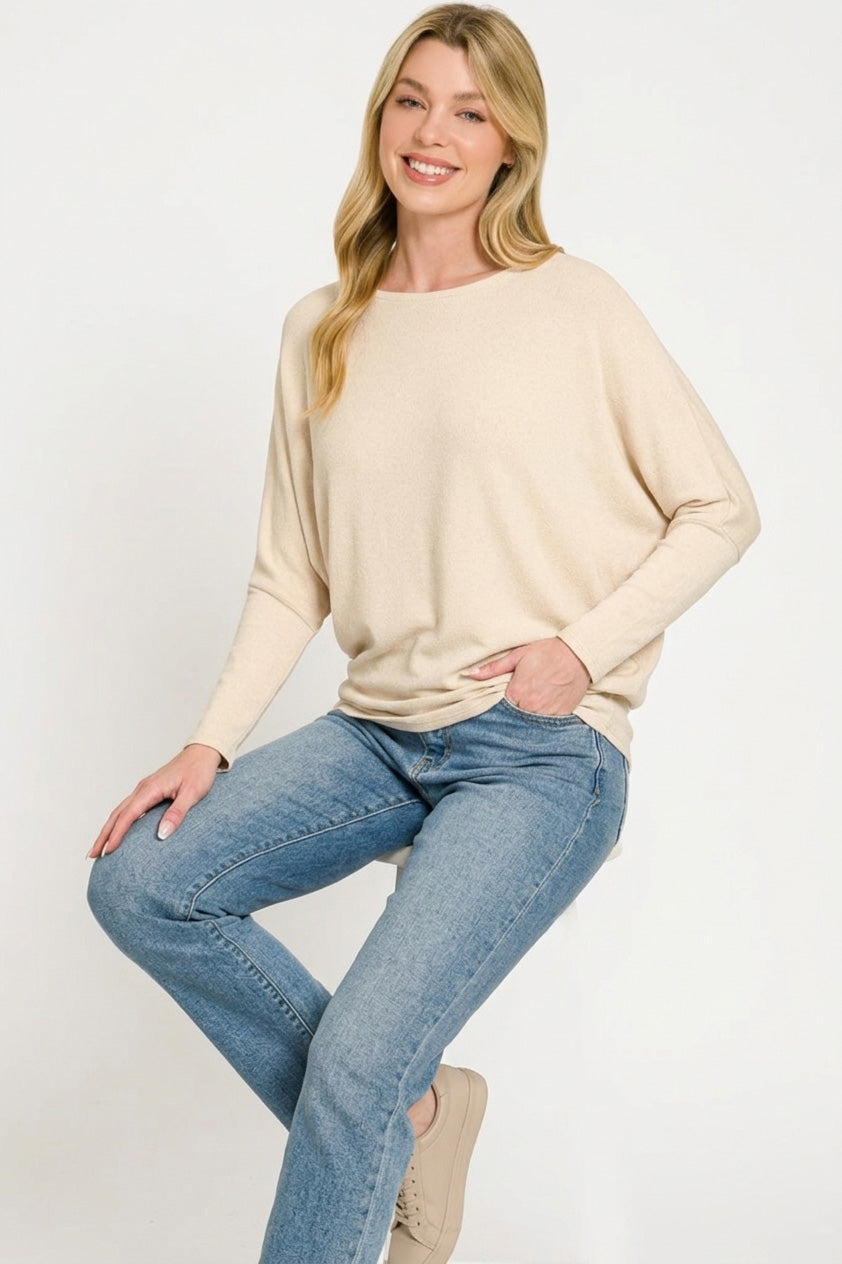 Zenana Hacci Dolman Sleeve Boat Neck Top