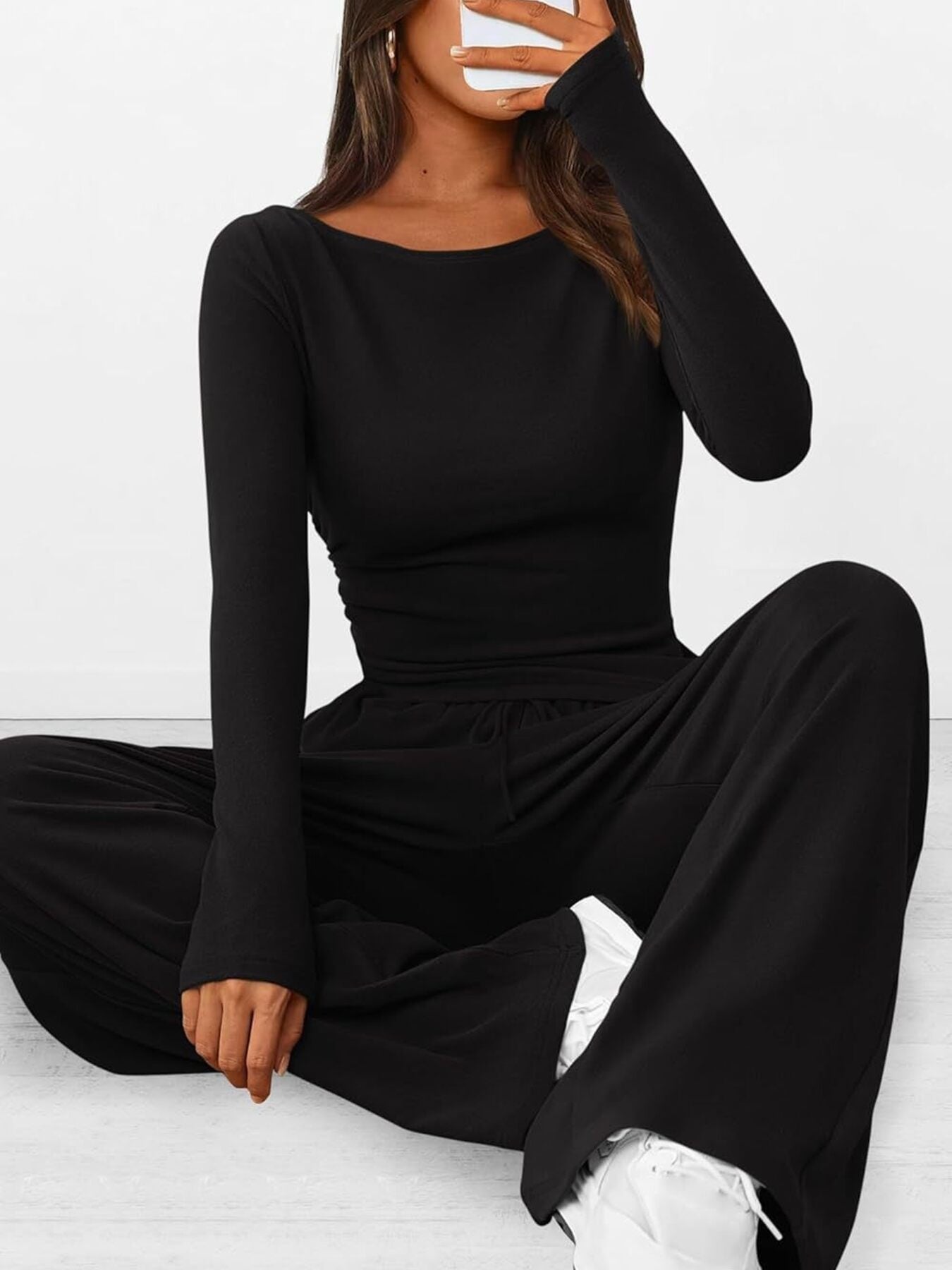 Round Neck Long Sleeve Top and Pants Set Black