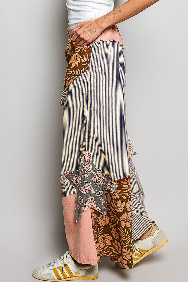 POL Striped Floral Patchwork Wide leg Pants with Side Big Star Patch