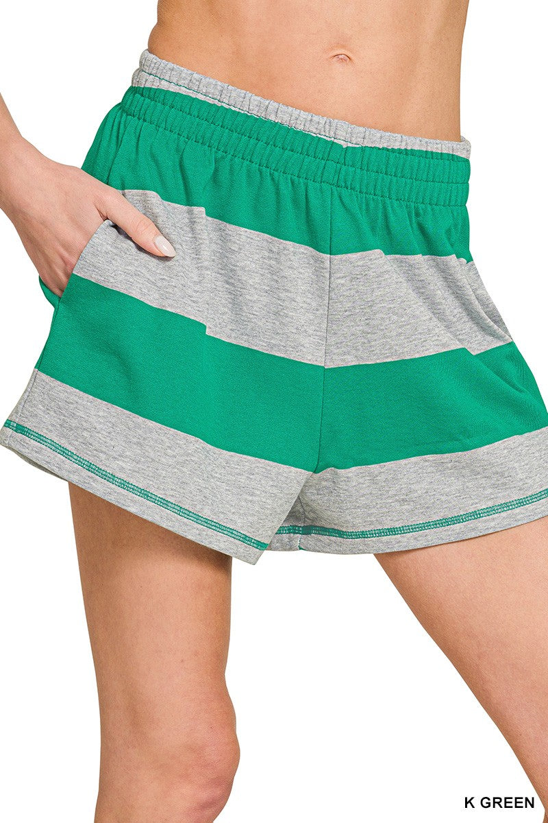 Zenana Frenchterry Striped Half Zip Top & Shorts Set