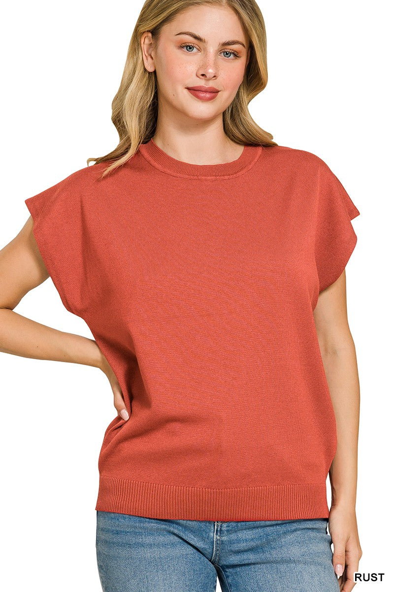 Zenana Viscose Round-neck Short Sleeve Sweater RUST