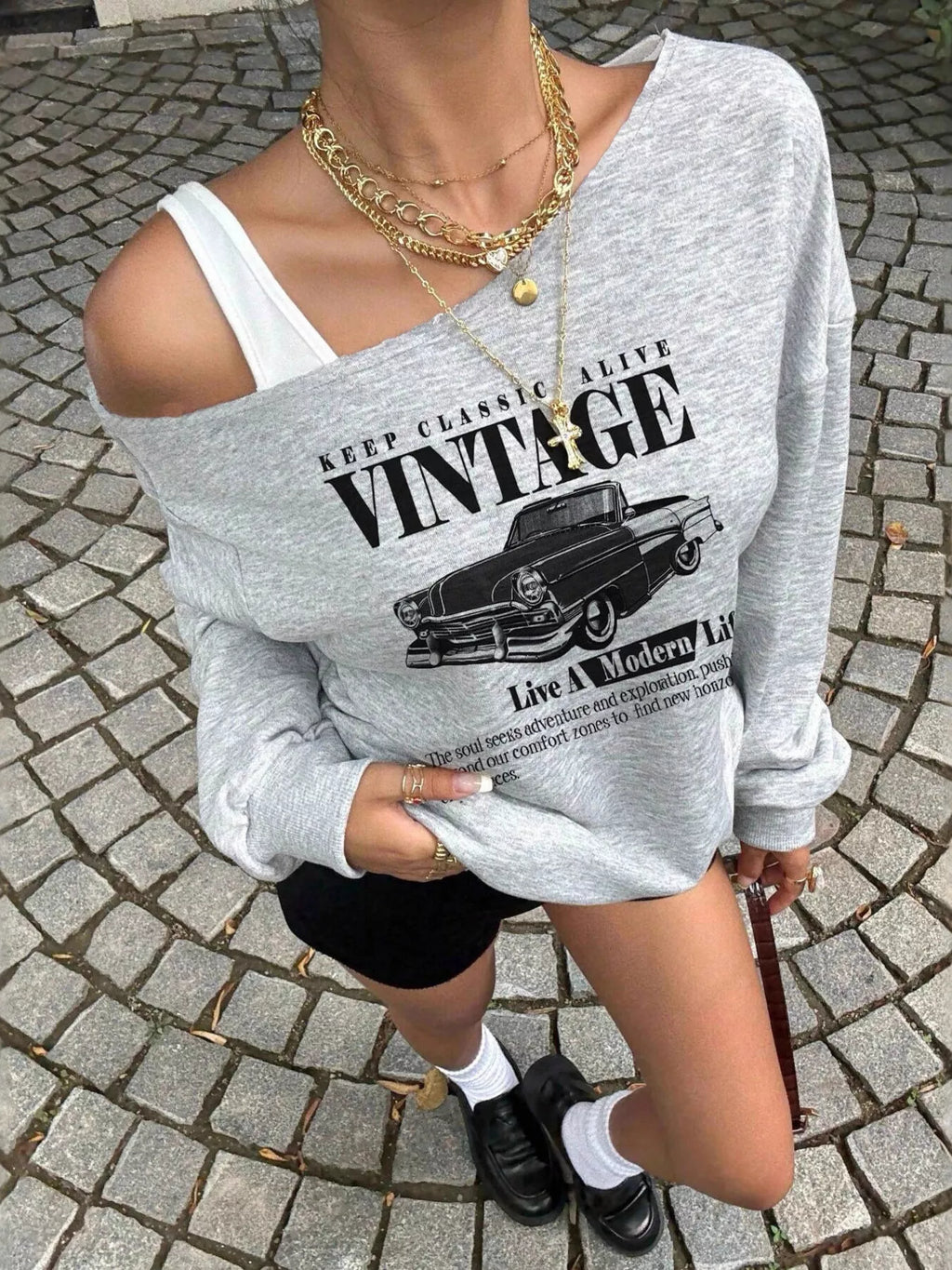 Asymmetrical Neck Long Sleeve Sweatshirt Gray