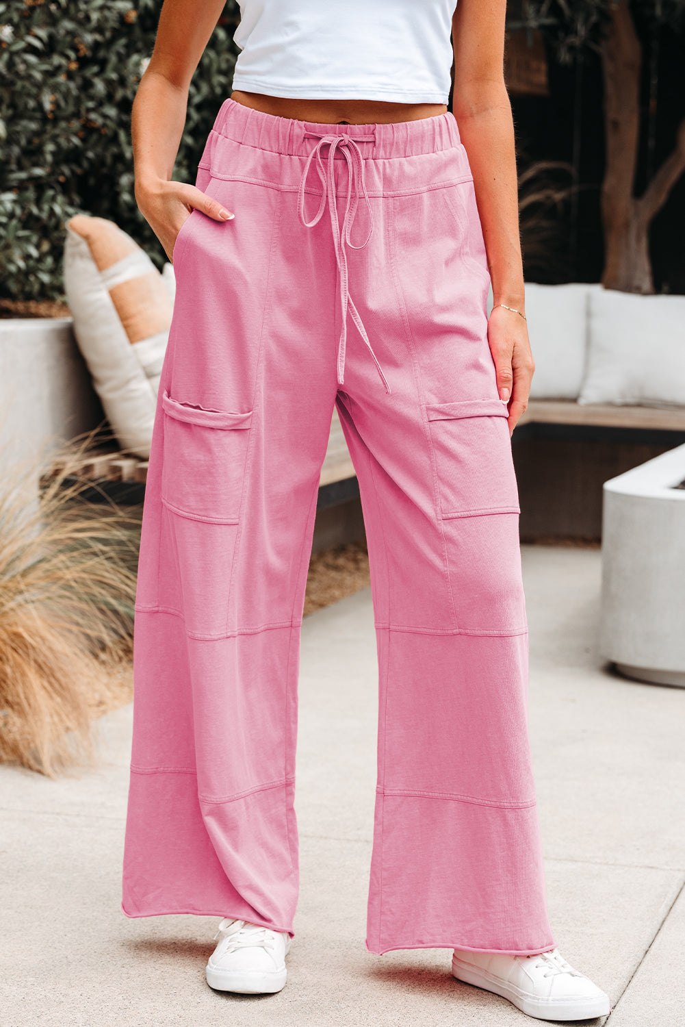 Bonbon Mineral Wash Exposed Seam Drawstring Elastic Waistband Wide Leg Cargo Pants Bonbon 100%Cotton