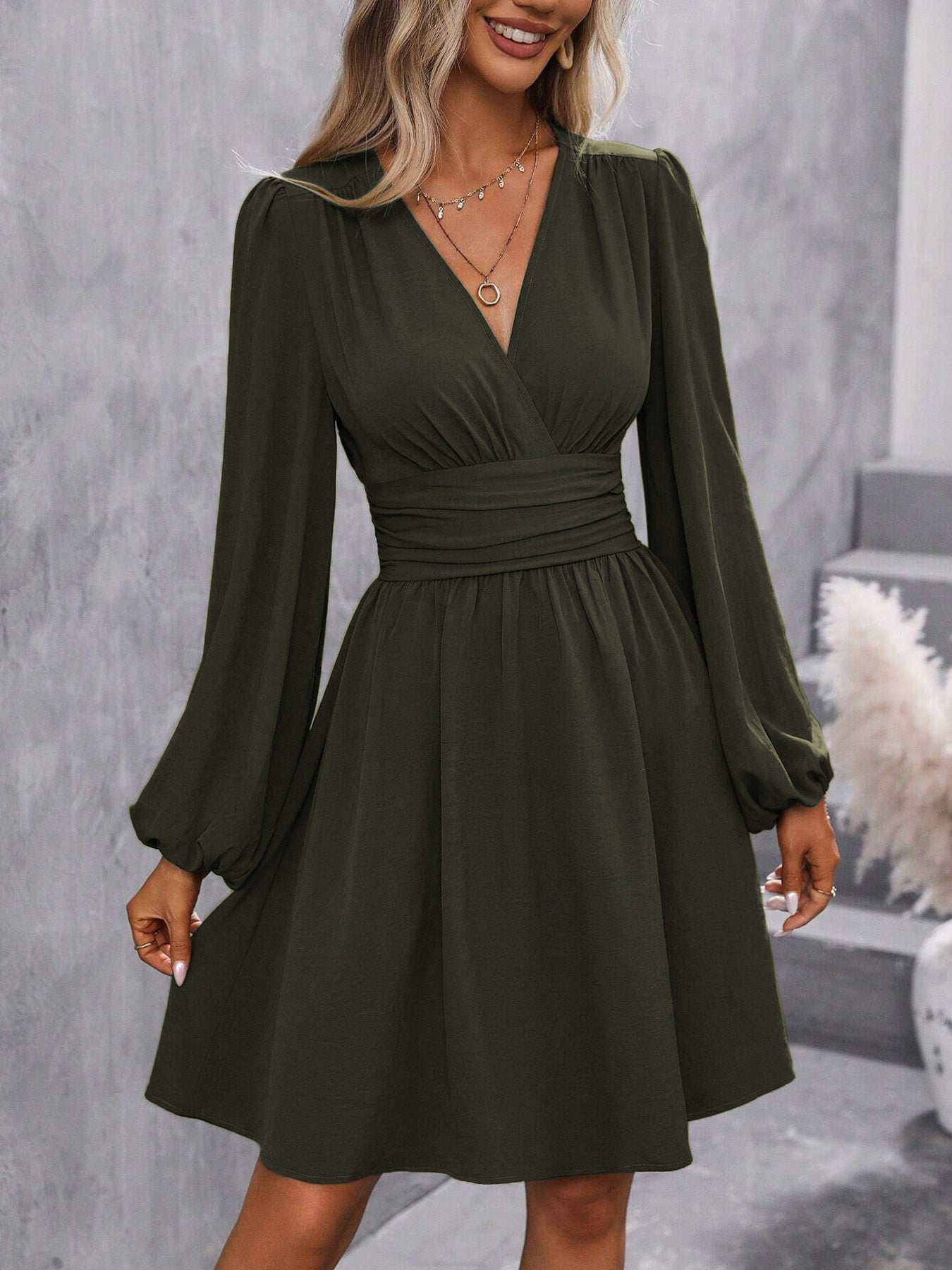 Floral Print V-Neck Long Sleeve Mini Dress Military Green