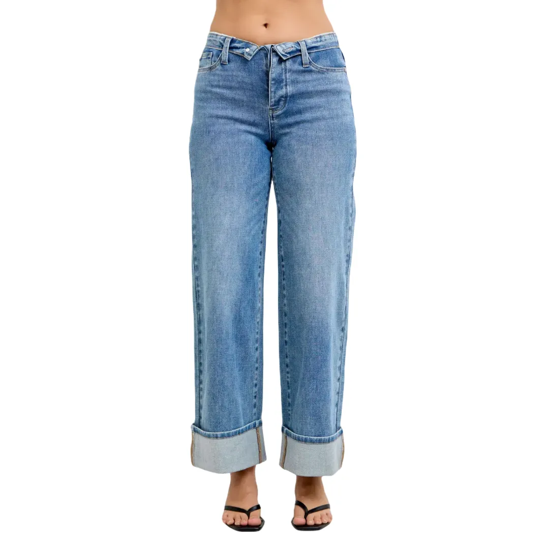 Judy Blue Mid Rise Fold Over Waistband Straight Denim Jeans 881100