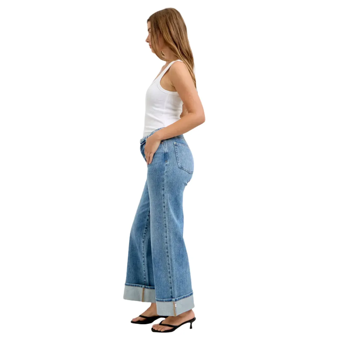 Judy Blue Mid Rise Fold Over Waistband Straight Denim Jeans 881100