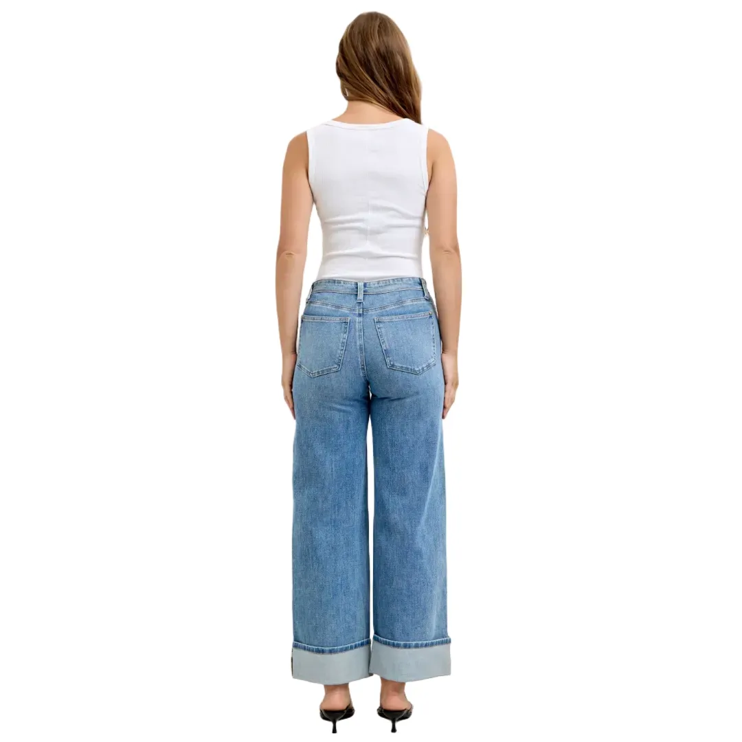 Judy Blue Mid Rise Fold Over Waistband Straight Denim Jeans 881100