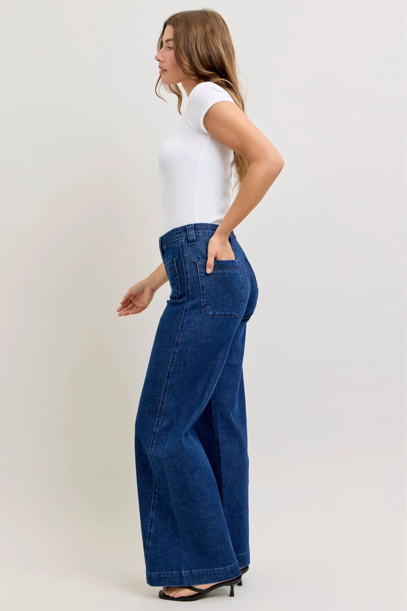 Judy Blue High Waist Patch Pockets & Twisted Seam Retro Wide Leg Denim Jeans 881092