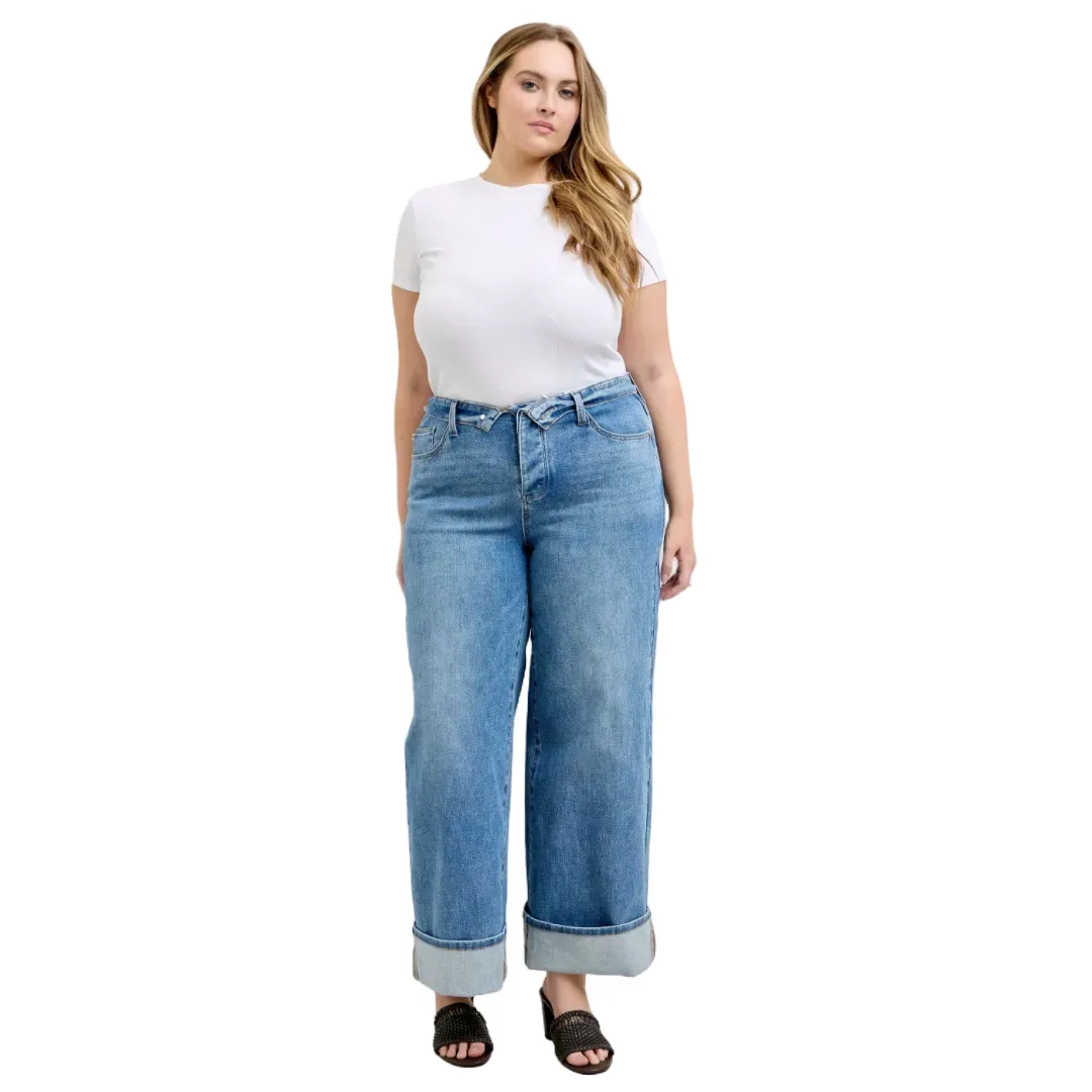 Judy Blue Mid Rise Fold Over Waistband Straight Denim Jeans 881100