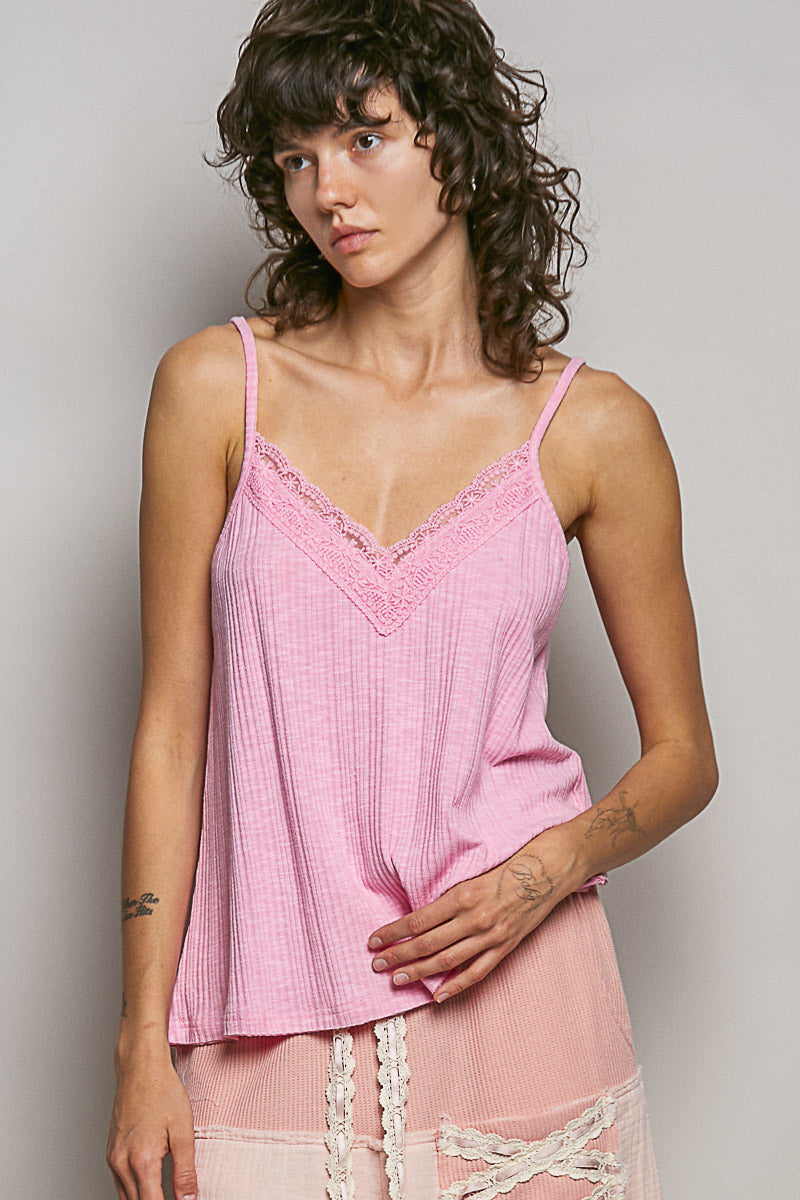 POL Lace Detail V-Neck Textured Knit Cami