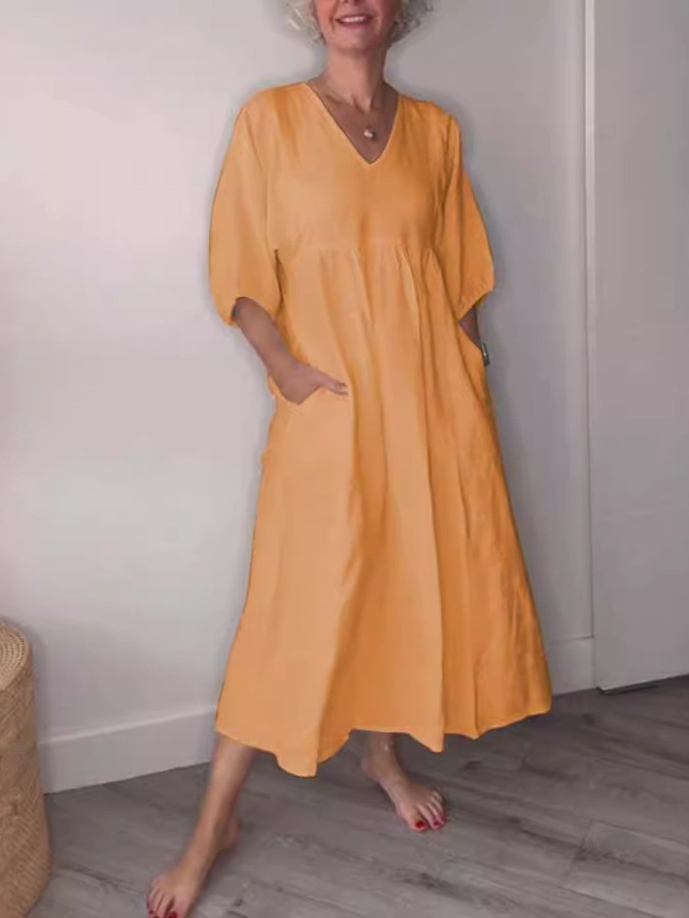 Full Size V-Neck Loose Fit Midi Dress with Pockets Plus Size Orange