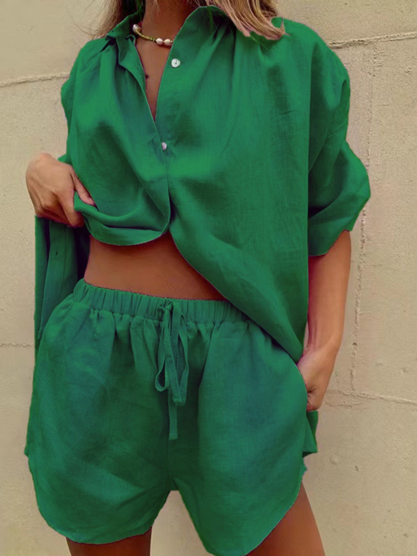 Button Up Shirt and Drawstring Shorts Set Green