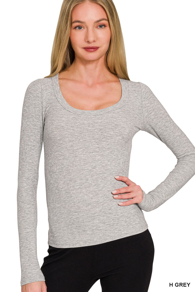 Zenana Ribbed Boat Neck Long Sleeve T-Shirt H GREY