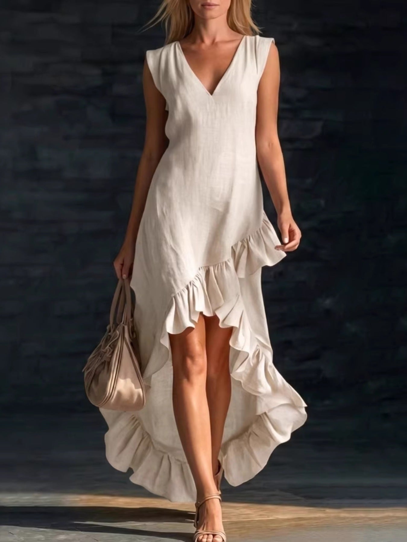 Sleeveless V-Neck Ruffle Hem High-Low Dress Beige