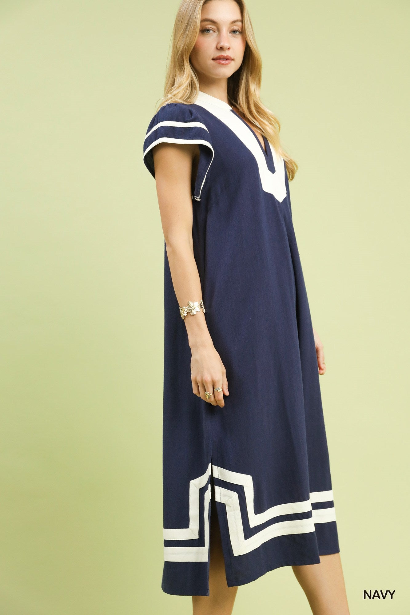 Umgee Linen Cotton Contrast Neckline Midi Dress