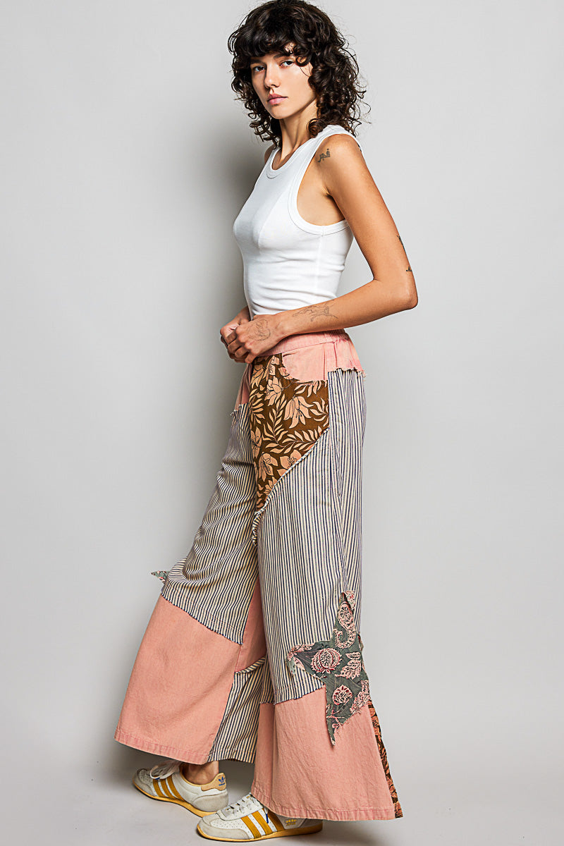 POL Striped Floral Patchwork Wide leg Pants with Side Big Star Patch