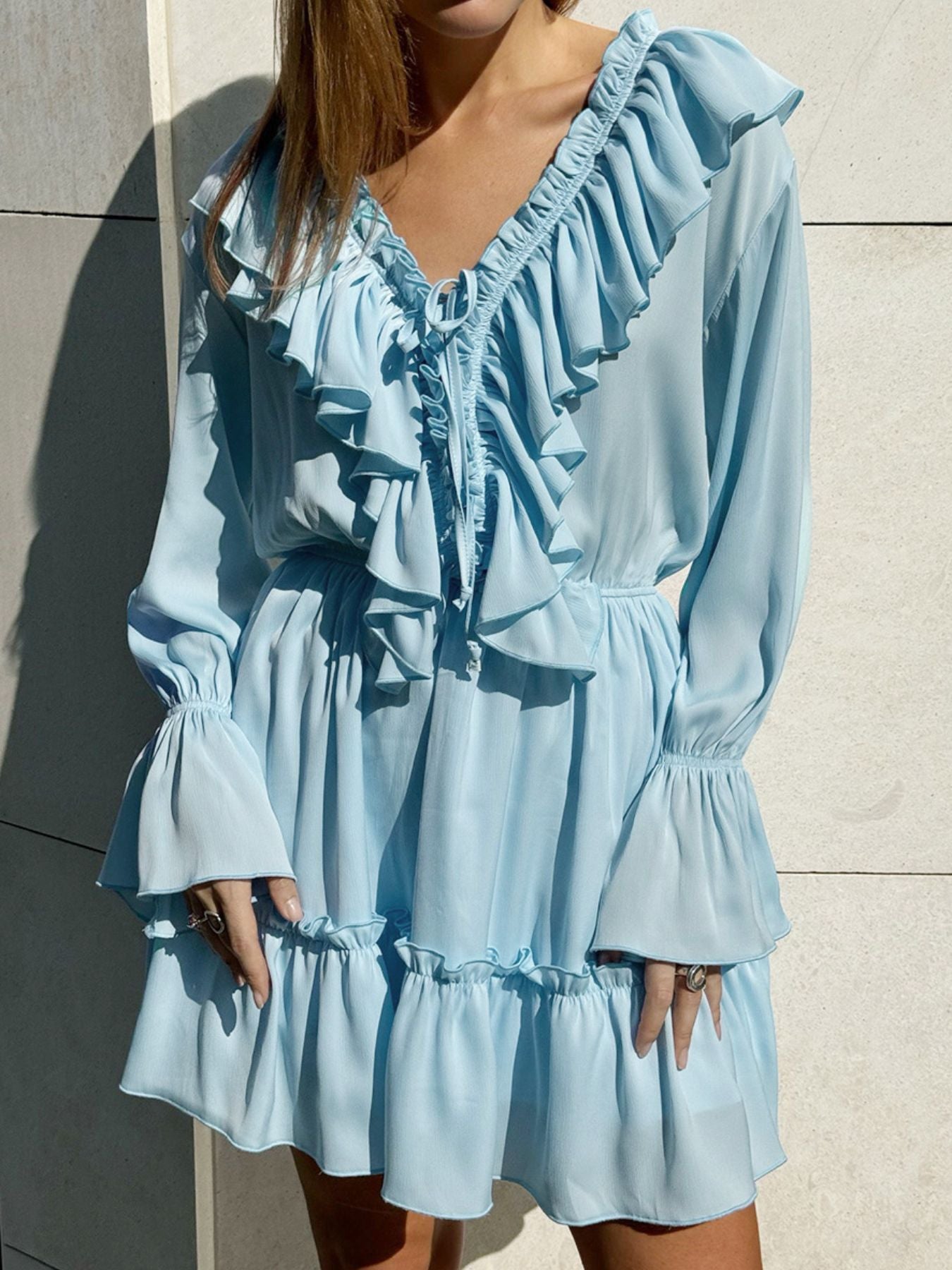Ruffled Flounce Sleeve Mini Dress Blue