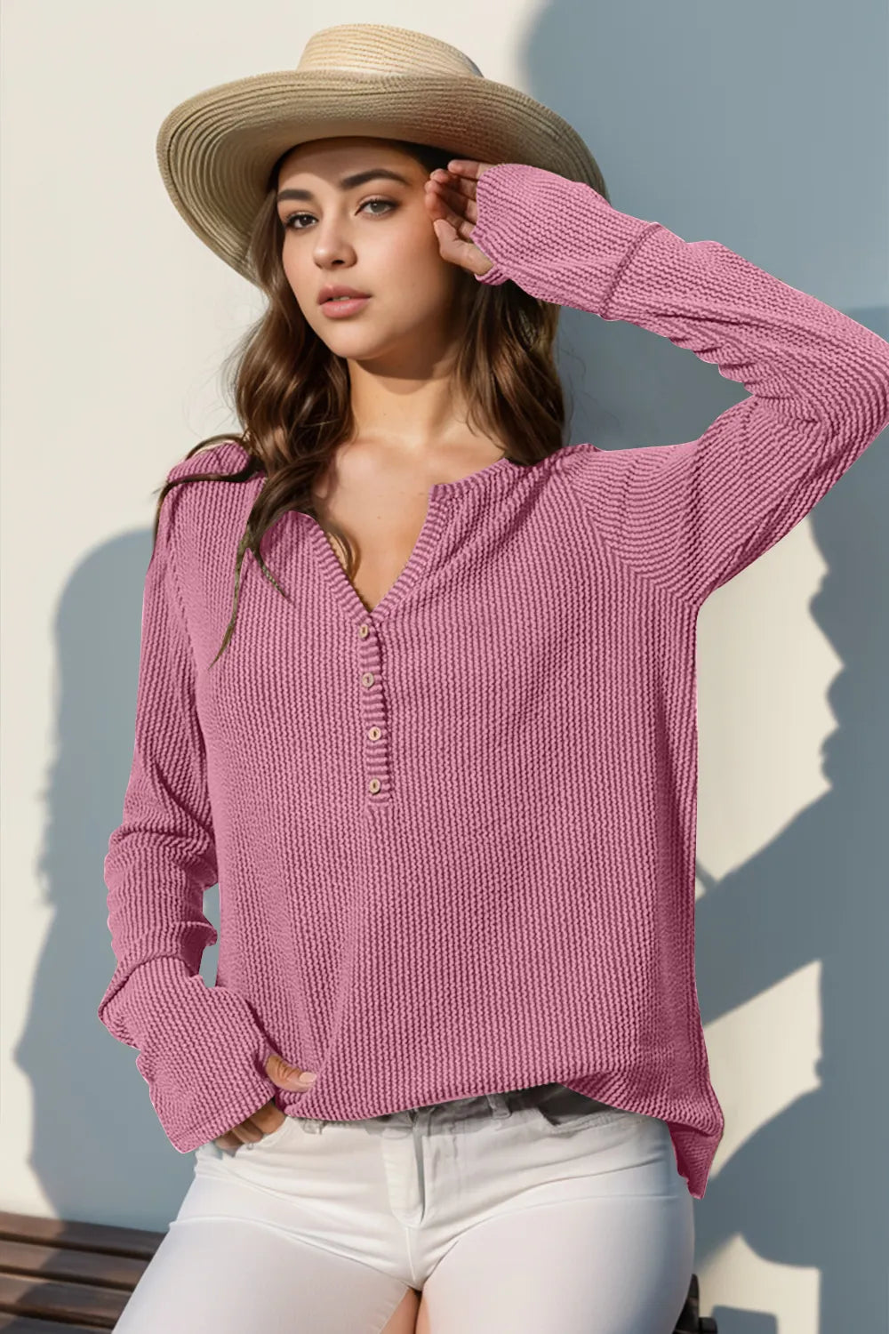 Double Take Full Size Notched Thumbhole Long Sleeve T-Shirt Pink
