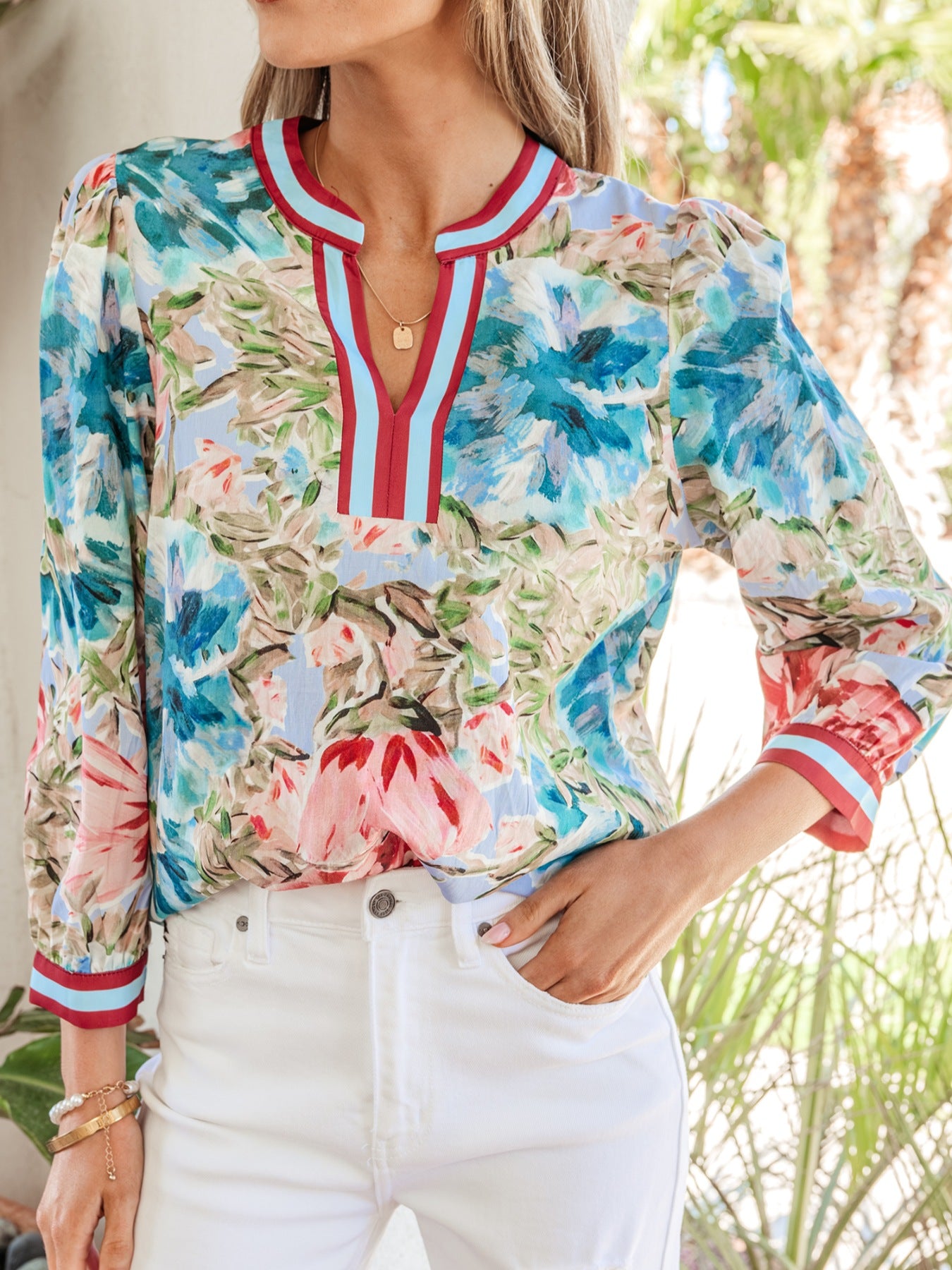 Contrast Trim V Neck Cuffed Bracelet Sleeve Floral Blouse