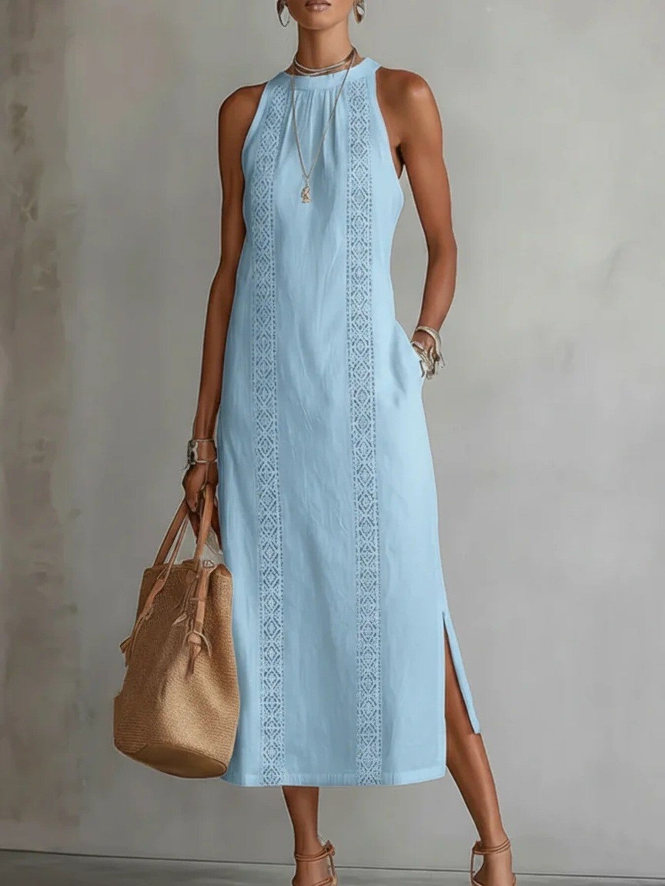 Side Slit Sleeveless Hollow-Out Trimmed Midi Dress Light Blue