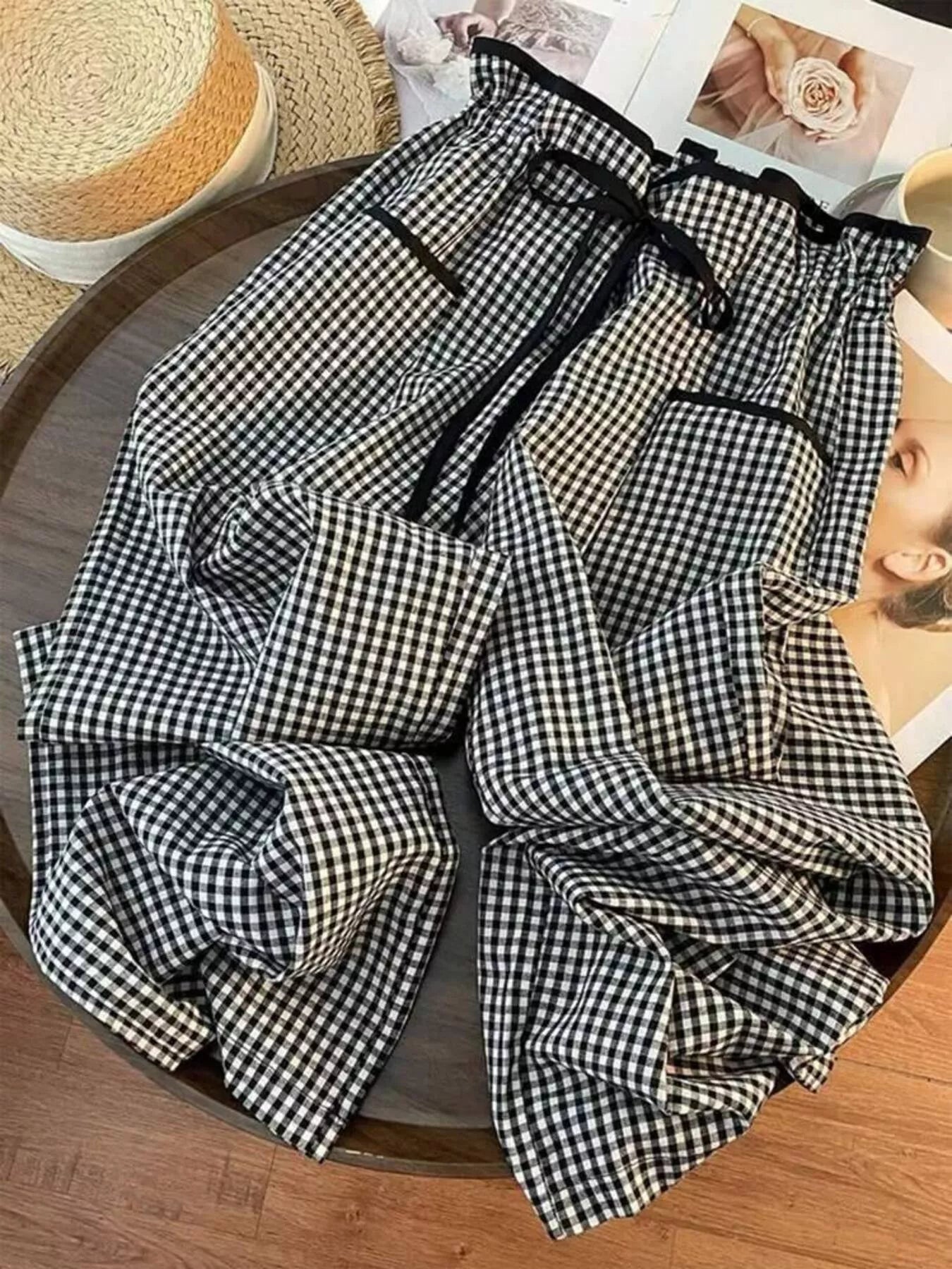Gingham High-Waisted Wide-Leg Pants