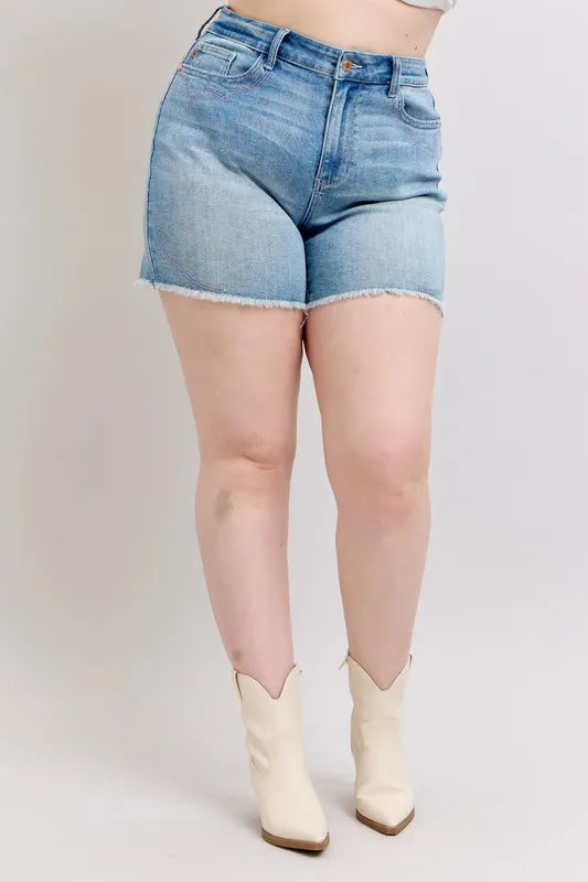 Judy Blue Plus Size High Waist Western Embroidery Detail Cut Off Denim Shorts