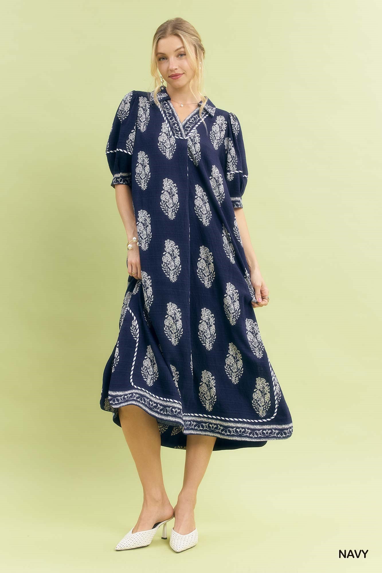 Umgee Border Print Collared Midi Dress NAVY