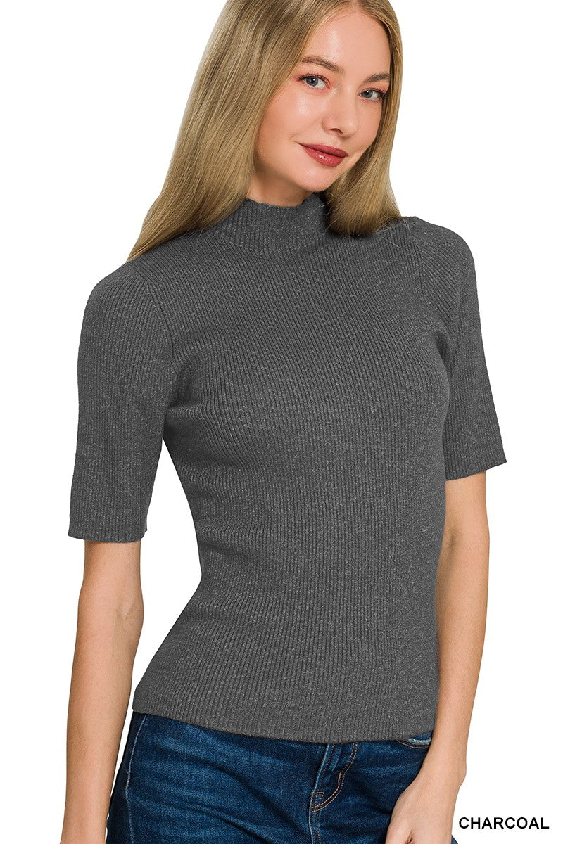 Zenana Viscose Ribbed Mock Neck Sweater CHARCOAL