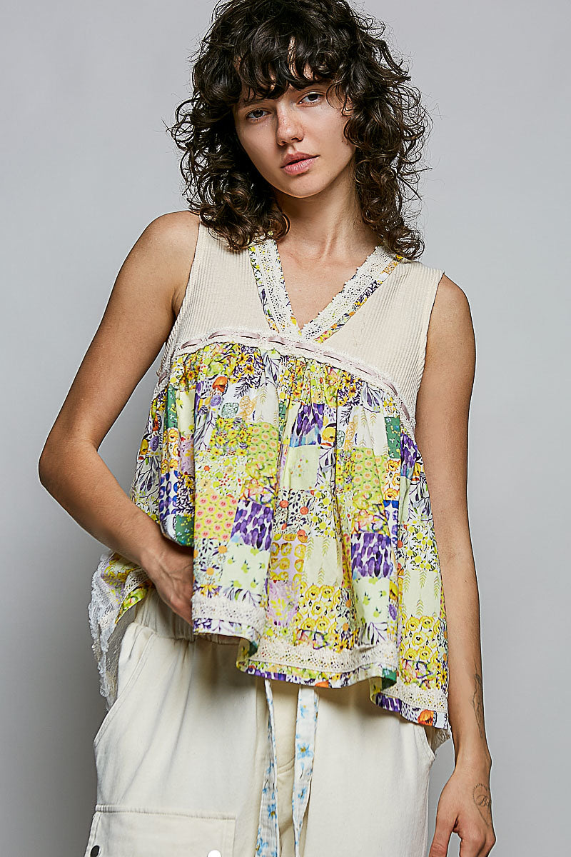 POL Floral V-Neck Sheer Tank with Lace Trim VANILLA CREAM