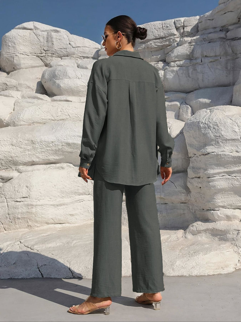 Button Up Long Sleeve Shirt and Pants Set