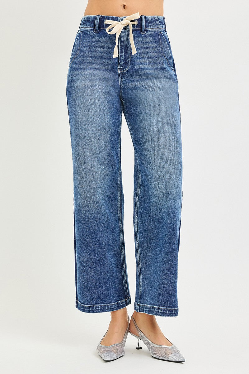 RISEN Elastic Band High Rise Cropped Wide Jeans MEDIUM
