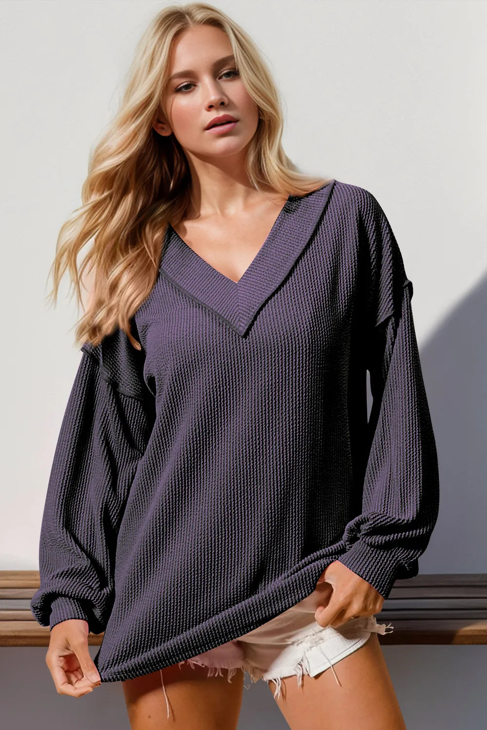 Double Take Exposed Seam Ribbed Textured V-Neck Long Sleeve T-Shirt Purple