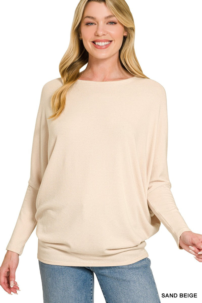 Zenana Hacci Dolman Sleeve Boat Neck Top SAND BEIGE