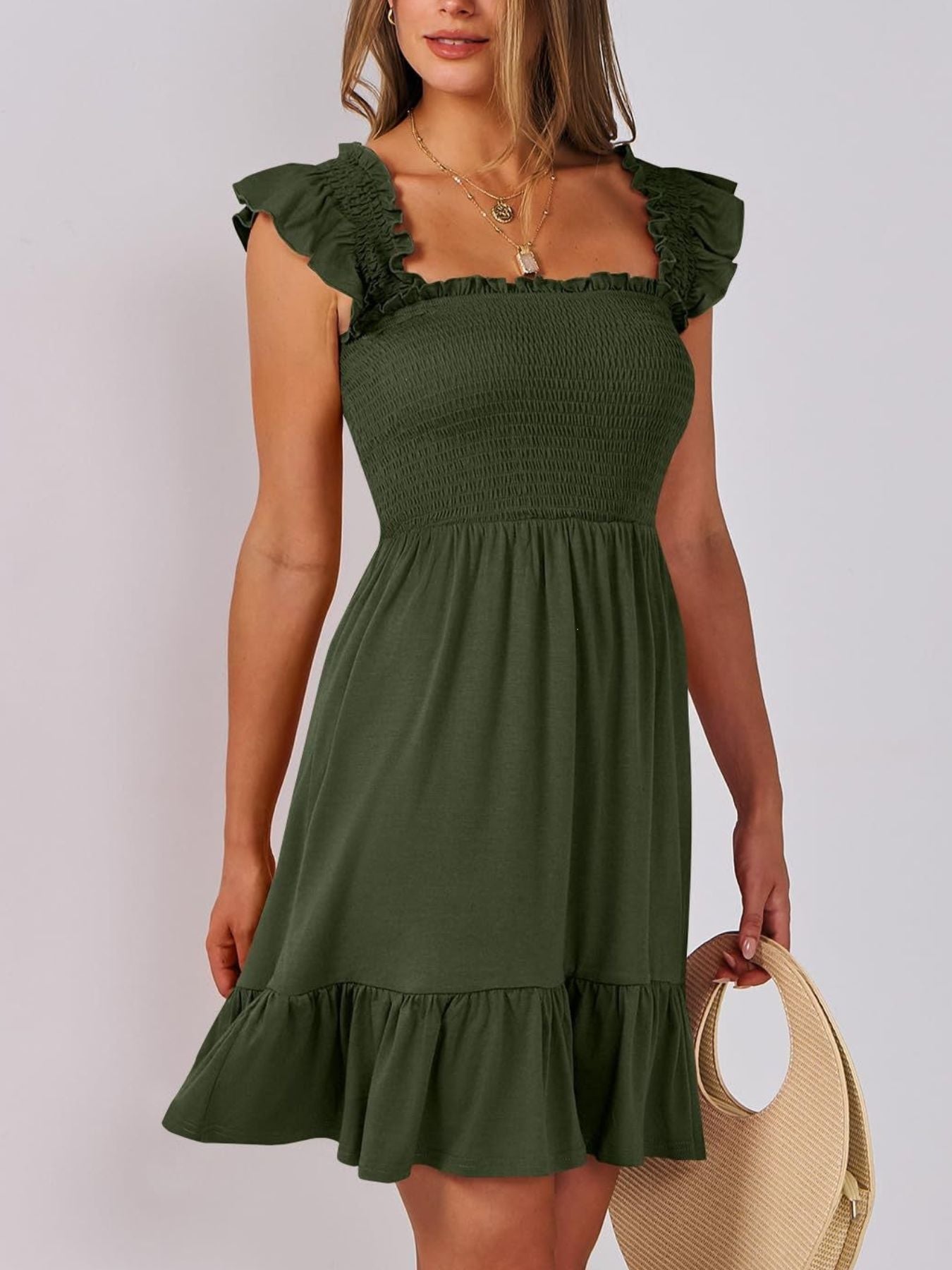 Smocked Ruffle Hem Mini Dress Army Green