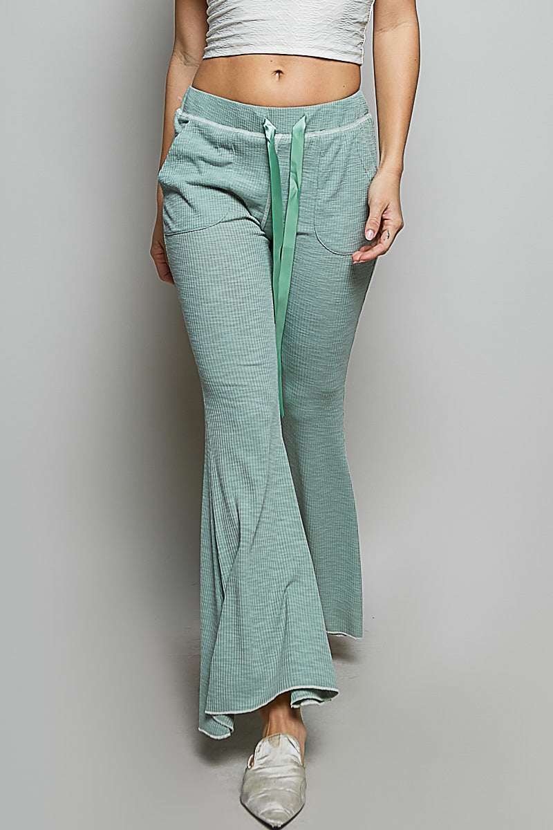 POL Drawstring Textured Ribbed Knit Pants PALE SAGE