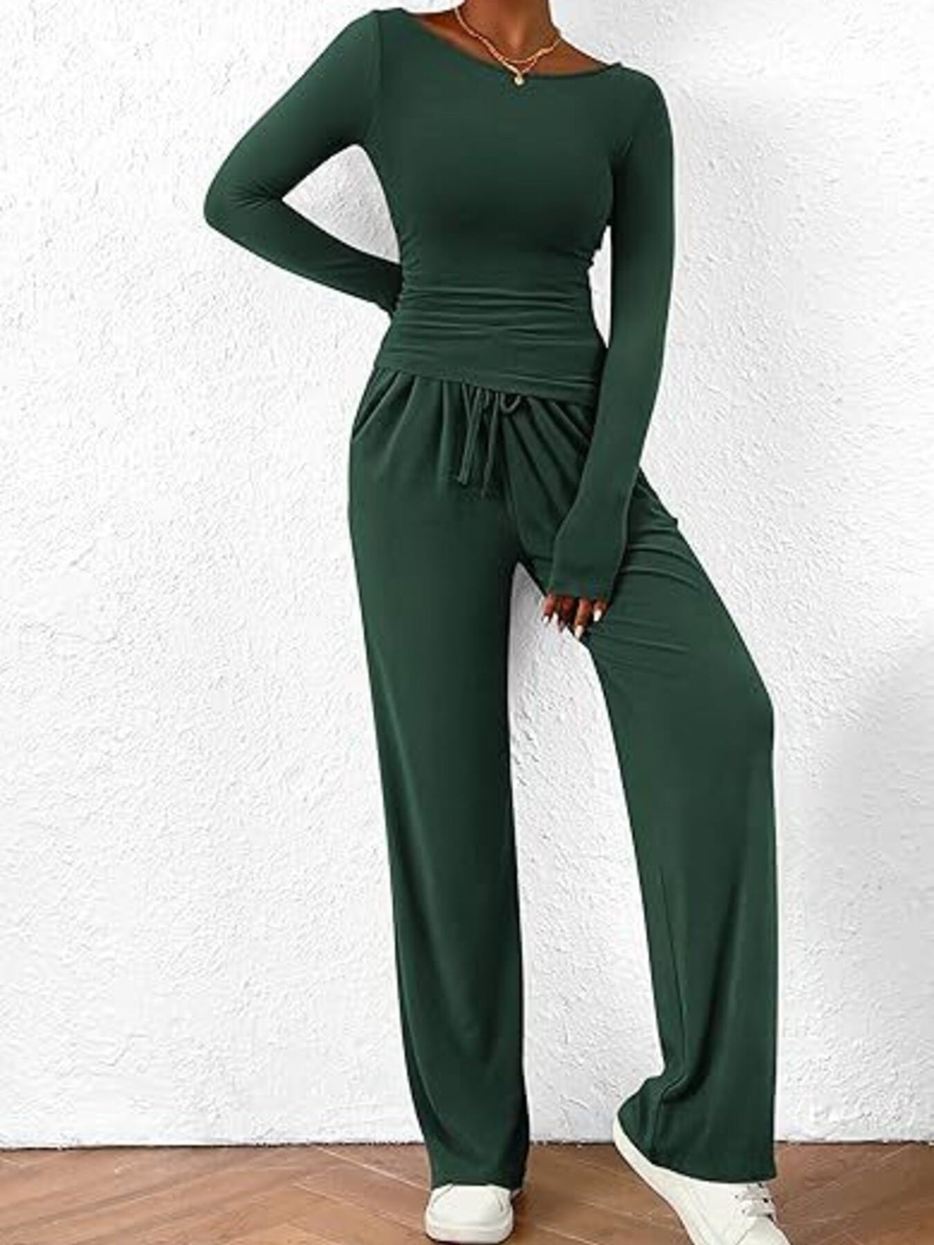 Round Neck Long Sleeve Top and Pants Set Dark Green