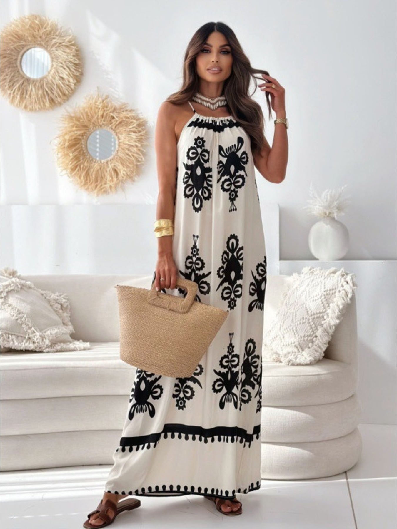 Printed Sleeveless Maxi Dress Apricot