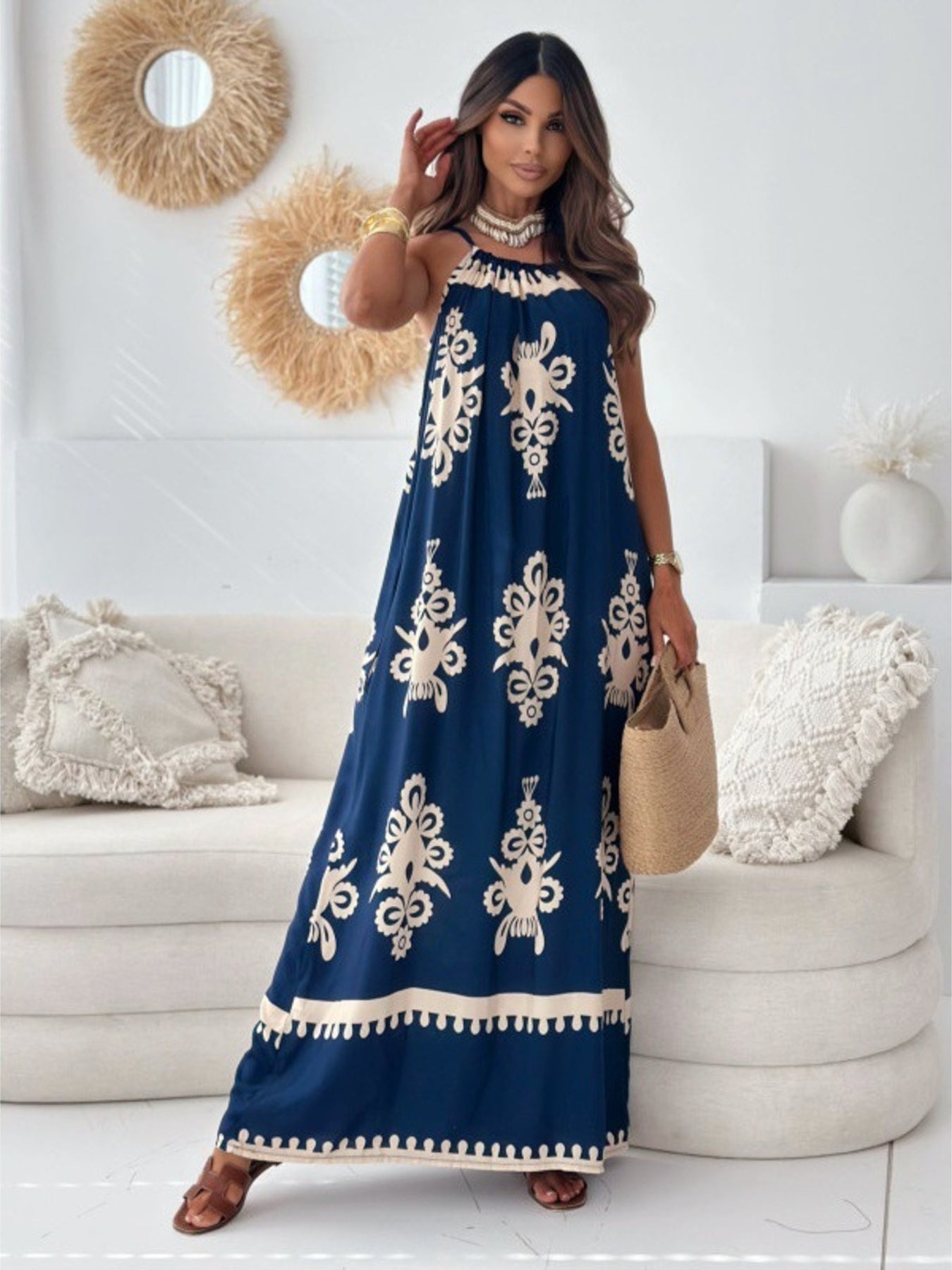 Printed Sleeveless Maxi Dress Navy Blue