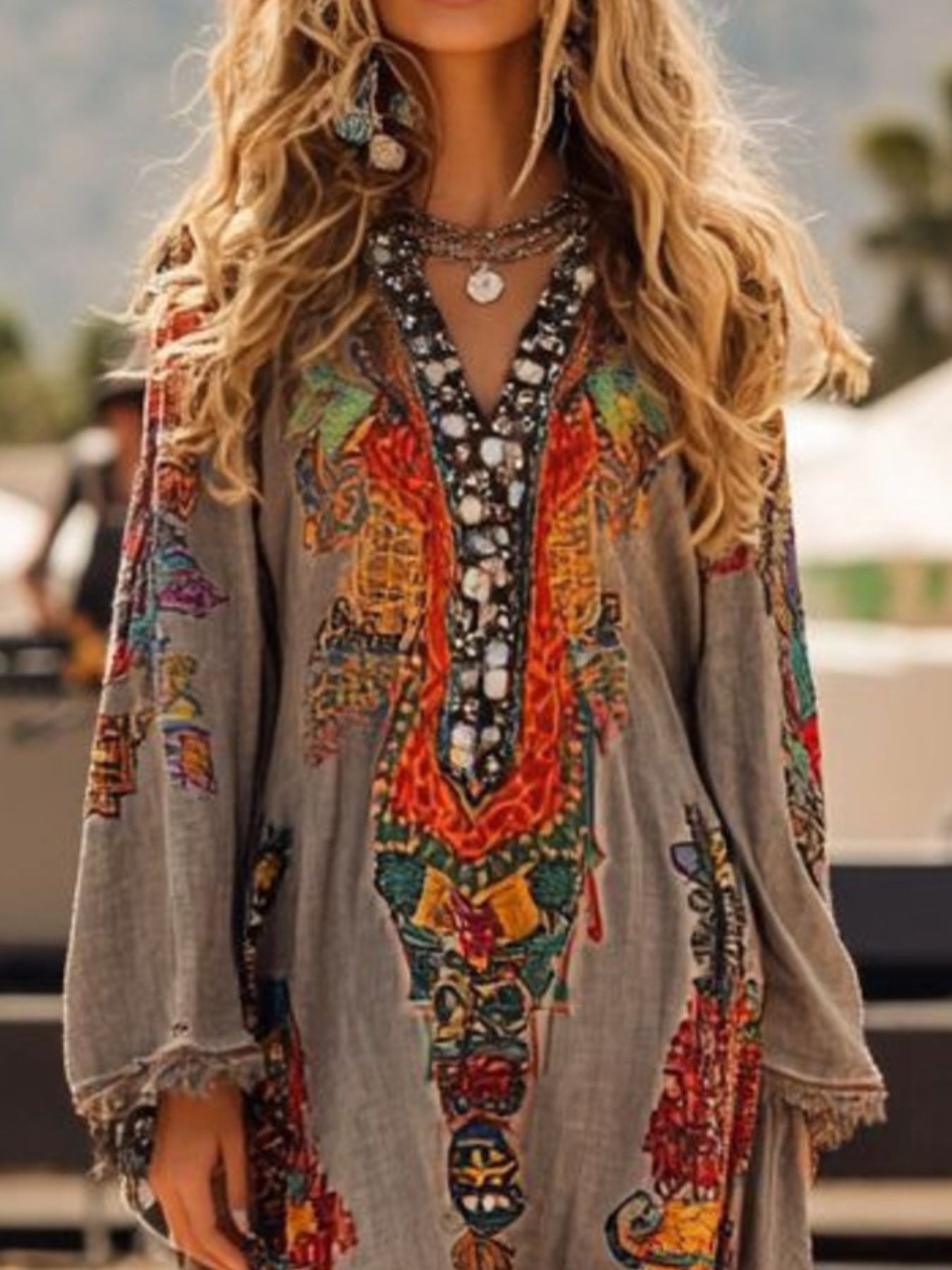 Fringe Hem Notched Long Sleeve Dress