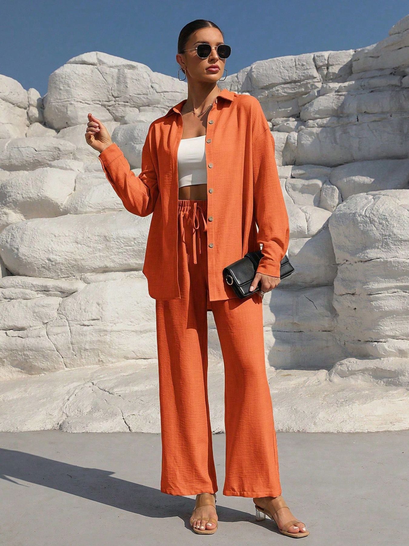 Button Up Long Sleeve Shirt and Pants Set Orange Red
