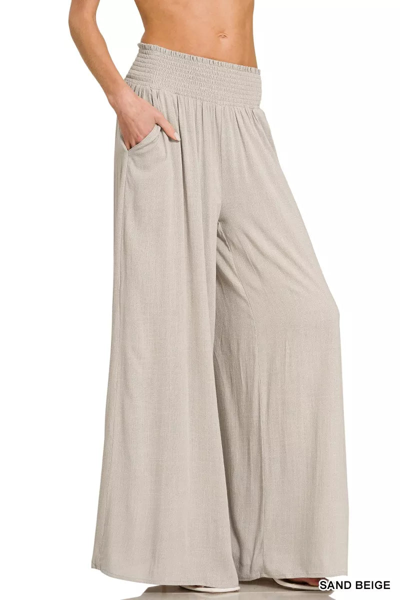 Zenana Smocked Waistband Wide Leg Lounge Pants SAND BEIGE