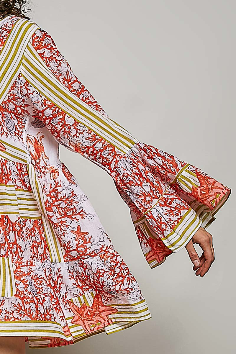 POL Striped Floral Long Sleeve Mini Dress with Pintuck Detail